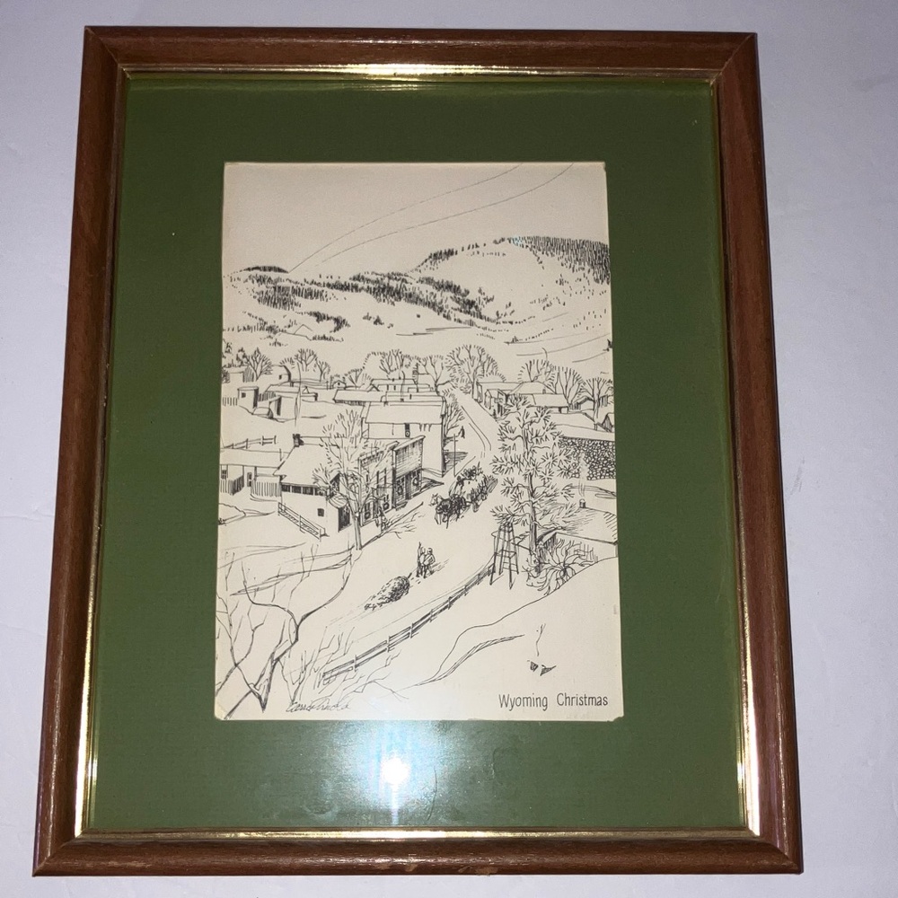 1971 Framed Wyoming Christmas Card Sketched by Carrie Arnold for‎ Bill Lagos